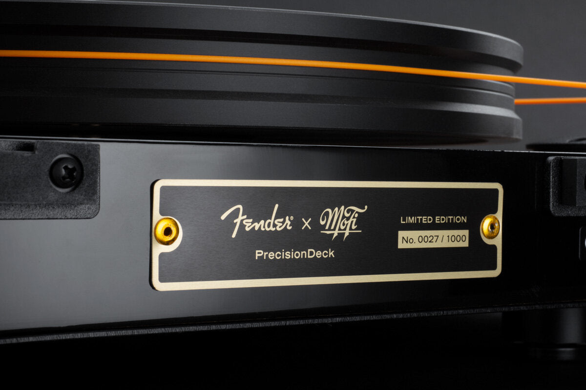 View of PrecisionDeck's custom backplate plaque showing both Fender and MoFi Logos along with each table's unique number out of 1,000 