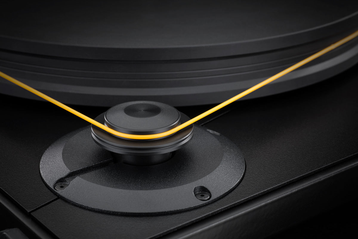 Detailed View Of UltraDeck's Motor Pulley and Platter with our Signature Yellow Drive Belt.