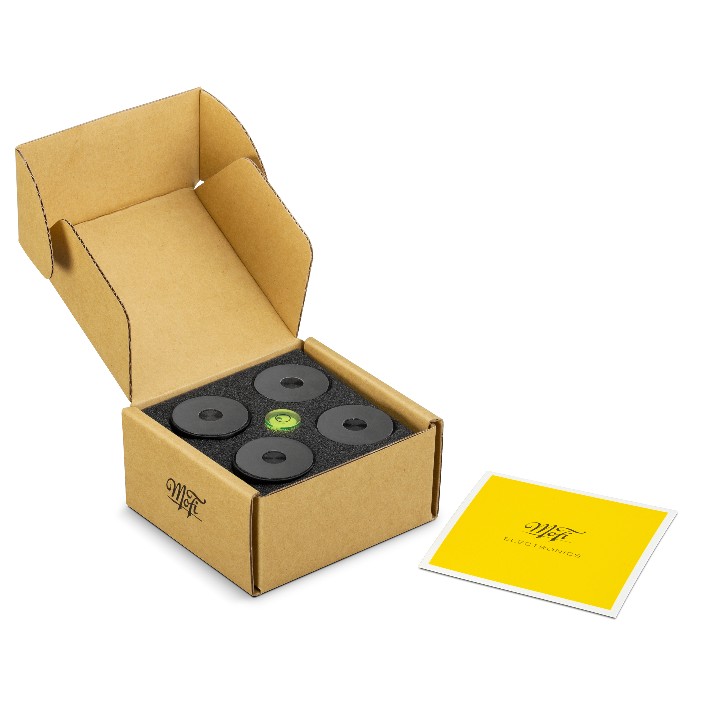 Image of box of 4 stabilizer feet with included bubble level and product manual.
